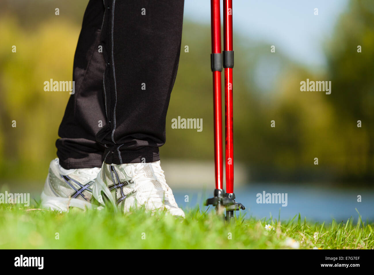 Nordic Walking. Primer plano de piernas femeninas senderismo en el