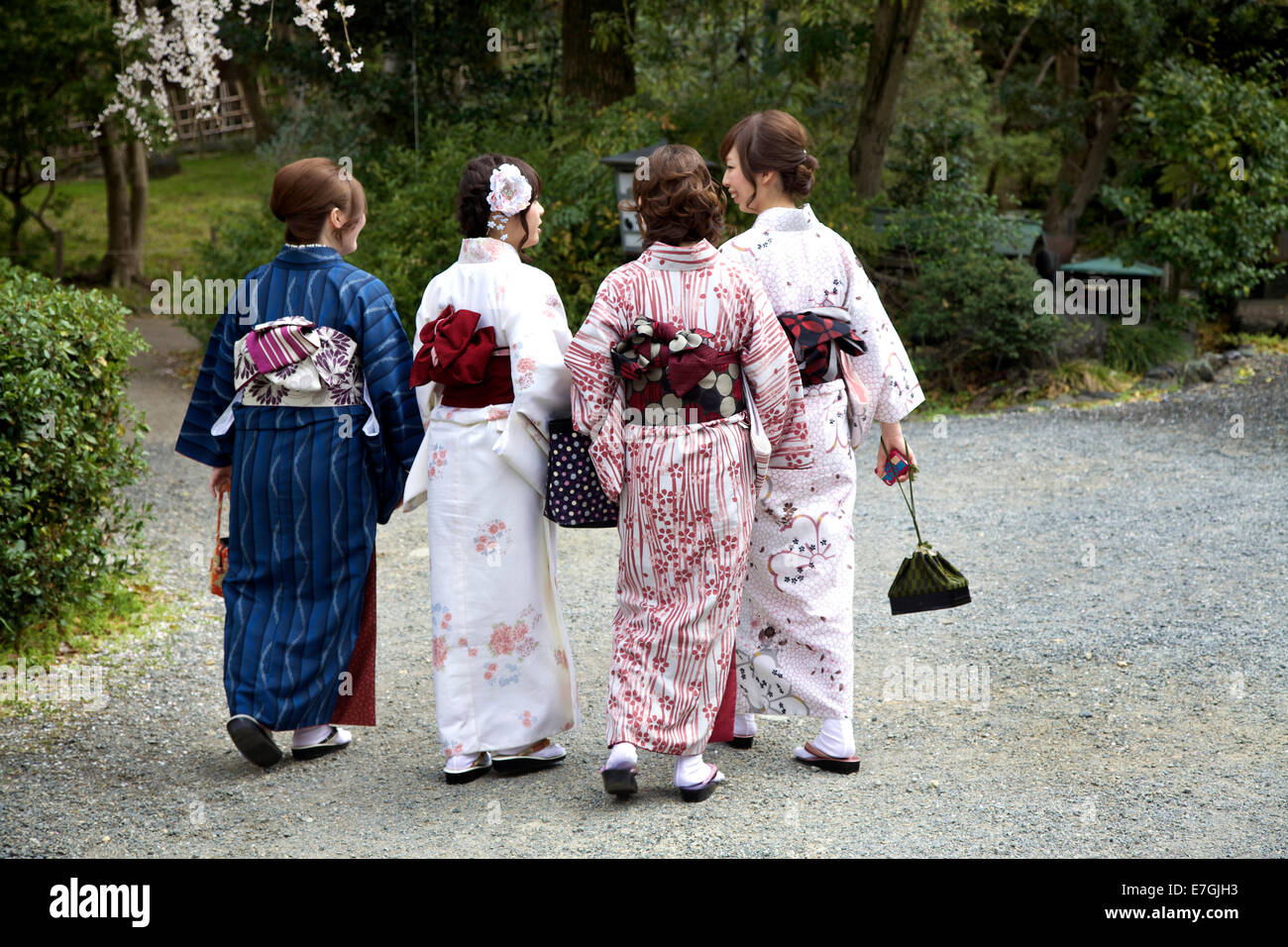 Los japoneses jóvenes mujeres vestidas con kimono, las niñas vestían yutaka, vestido tradicional femenino. Maruyama-koen park, Kyoto, Japón, Asia Foto de stock