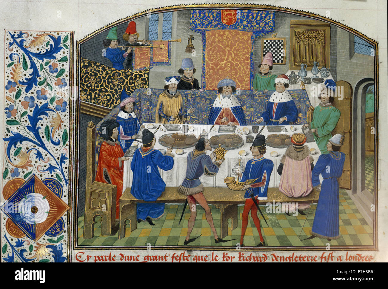 Richard II cena con duques - Chronique d'Angleterre (Volumen III) (finales del s. XV), f.265v - BL Royal MS 14 E IV Foto de stock