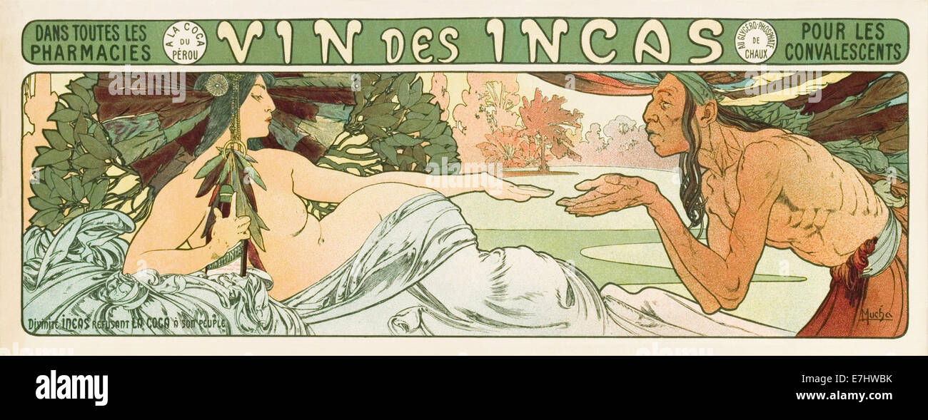 Vin des Incas 1897 cartel publicitario para Coca vino fortificado por Alphonse Mucha (1860-1939), diseñador y artista gráfico checa. Consulte la descripción para obtener más información. Foto de stock