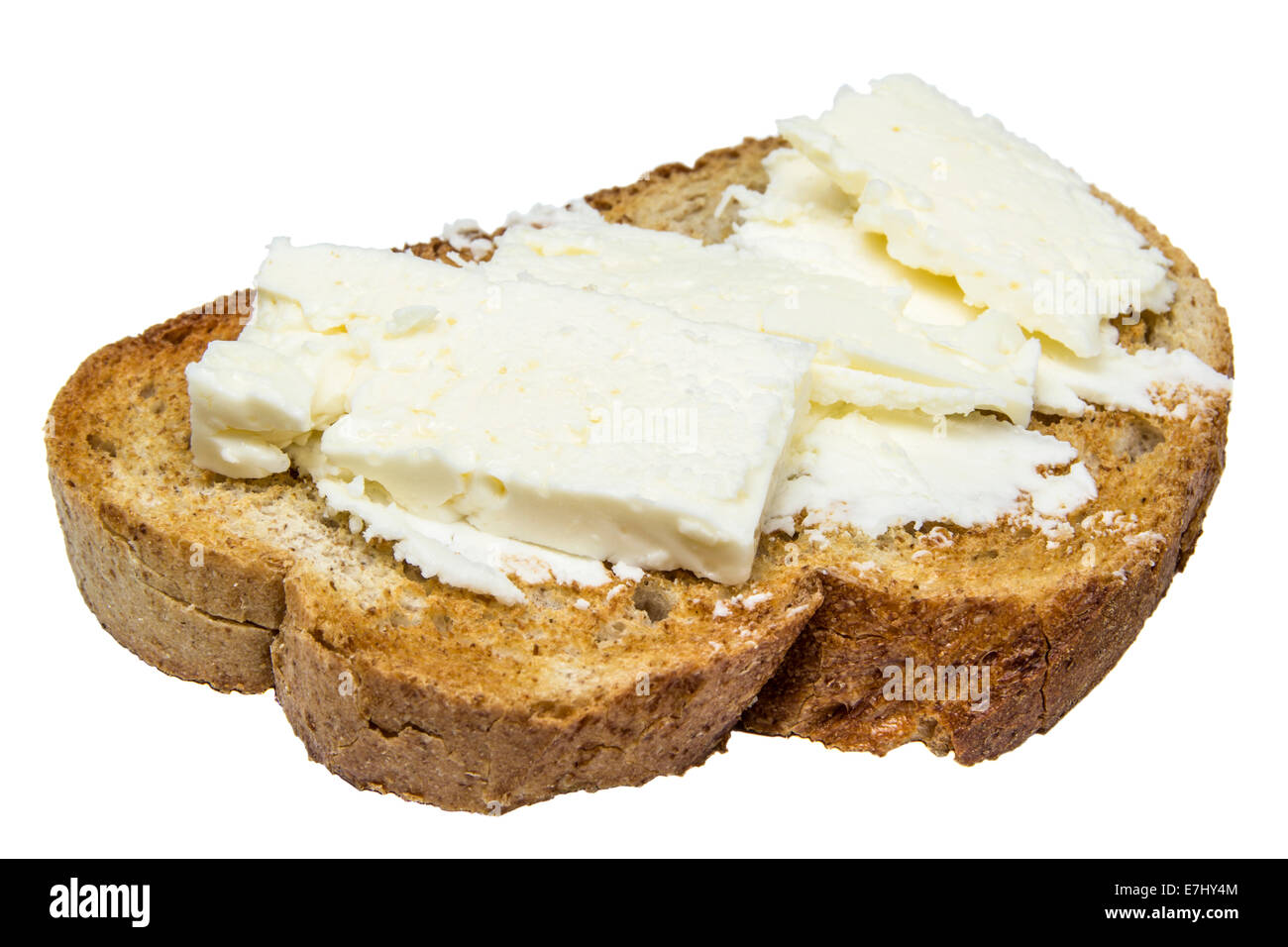 Aperitivo con pan y queso aislado sobre fondo blanco. Foto de stock