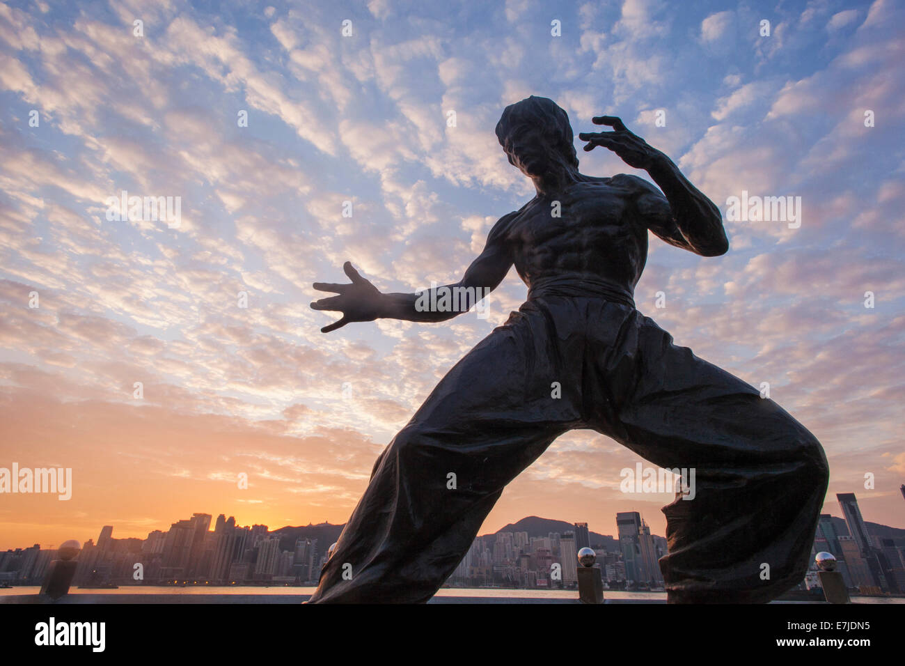 En Asia, China, Hong Kong, Kowloon, Hong Kong, Tsim Sha Tsui, la Avenida de las Estrellas, la Estatua de Bruce Lee, Bruce Lee, artes marciales, Karate Foto de stock
