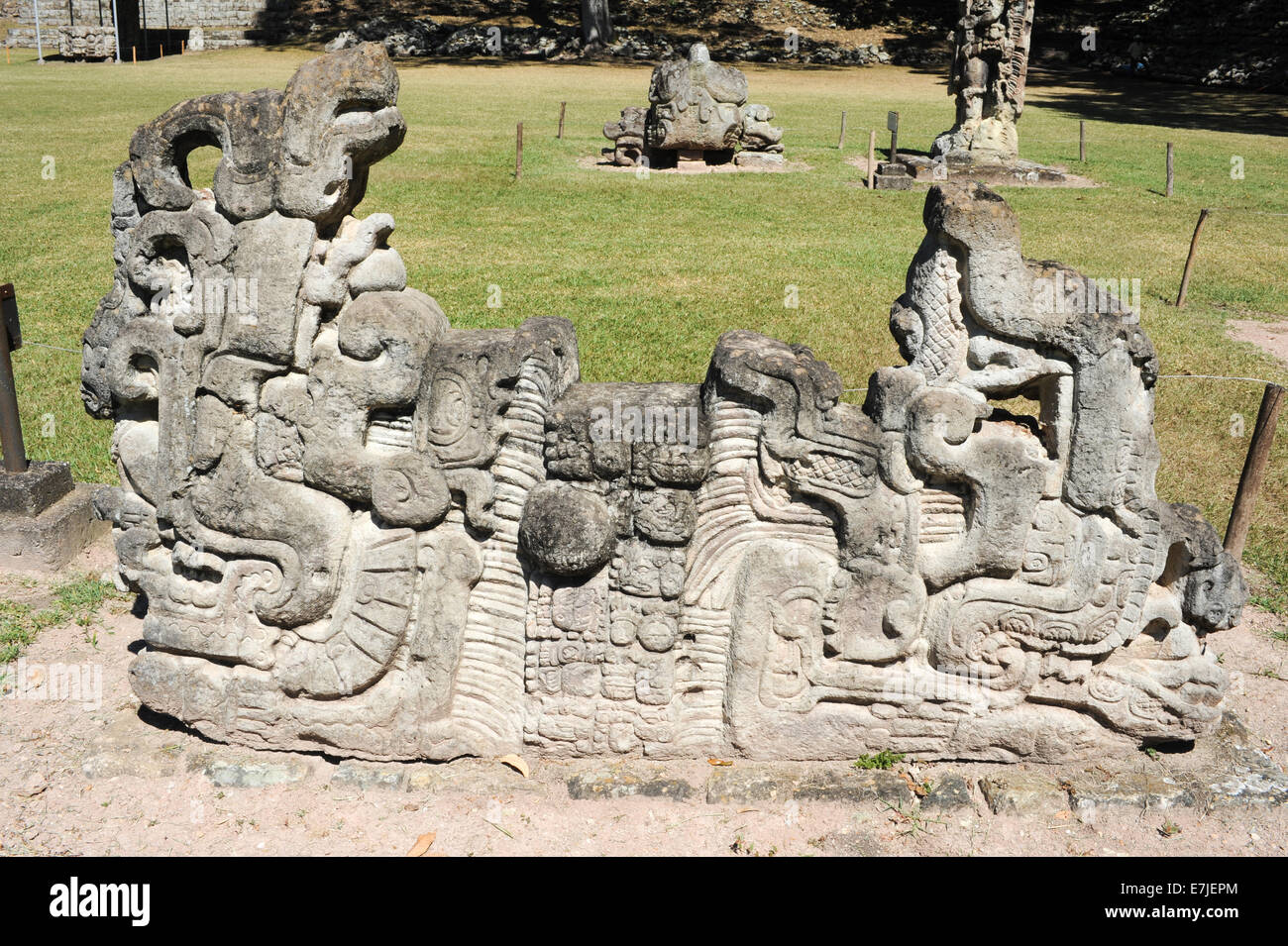 Altar, América Central, América, antigua, arqueología, arquitectura, edificio, construido, talladas, Copan, cultura, exterior, dioses, g Foto de stock