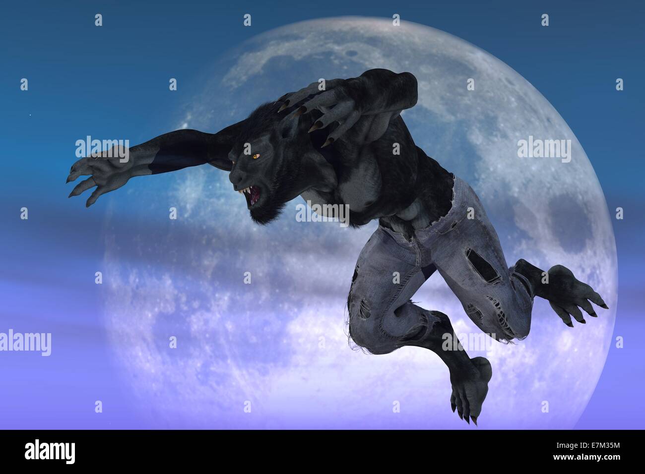 Lobo en andrajosos pantalones vaqueros en saltando plantean contra la luna como telón de fondo Foto de stock