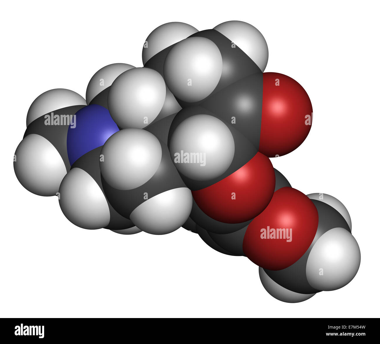 Analgésico narcótico hidrocodona molécula. También se utiliza como medicamento para la tos. Los átomos son representados como esferas convencionales co Foto de stock