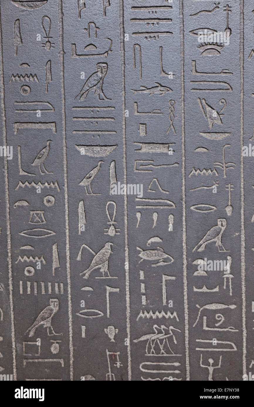 Inglaterra, en Europa, en Londres, el Museo Británico, la escritura jeroglífica en el sarcófago de Ankhnesneferibre Foto de stock
