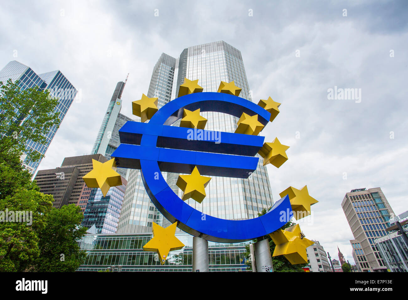 Unión Europea, Euro, Frankfurt, Alemania, Europa, banco, azul, empresa, ciudad, Unión Europea, imagen, dinero, monumento, estrellas, símbolo del comercio, Foto de stock