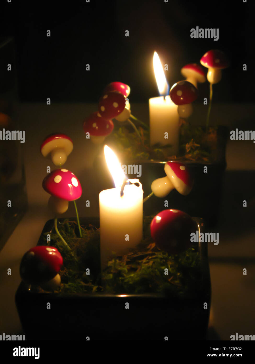 Dos velas de Navidad luces brillantes brillan en la oscuridad con musgo y pequeñas decoraciones de setas. Foto de stock