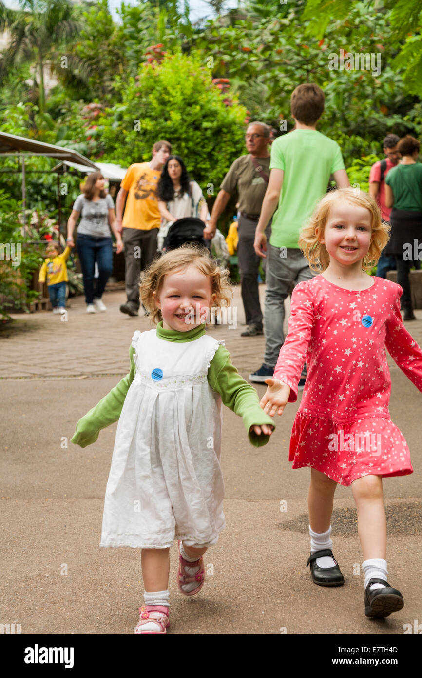 Una niña de 2 años / niño/chico/lactante y su hermana de 4 años cuatro caminando / juega dentro del proyecto Eden biomas. En el Reino Unido. Foto de stock