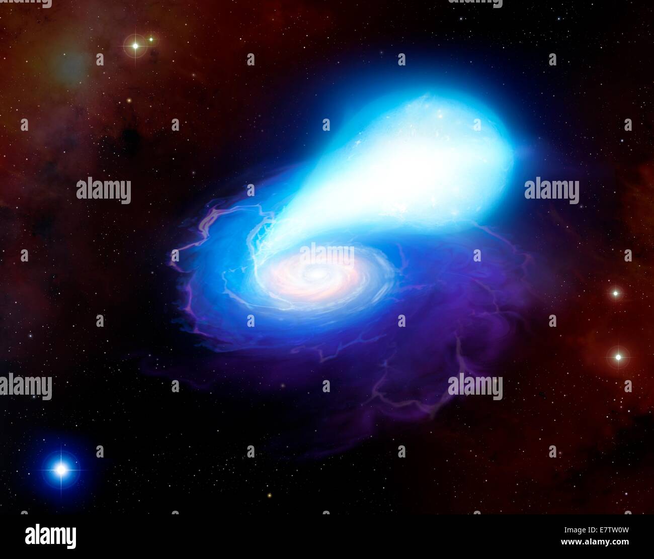 Ilustración de un par de estrellas a punto de fusión. Los objetos en cuestión son cadáveres estelares. En la parte delantera es una estrella de neutrones, la compacta de restos de una estrella que explotó en una supernova. Es mera kilómetros a través. Detrás de ella es una enana blanca, un parentesco diferente Foto de stock