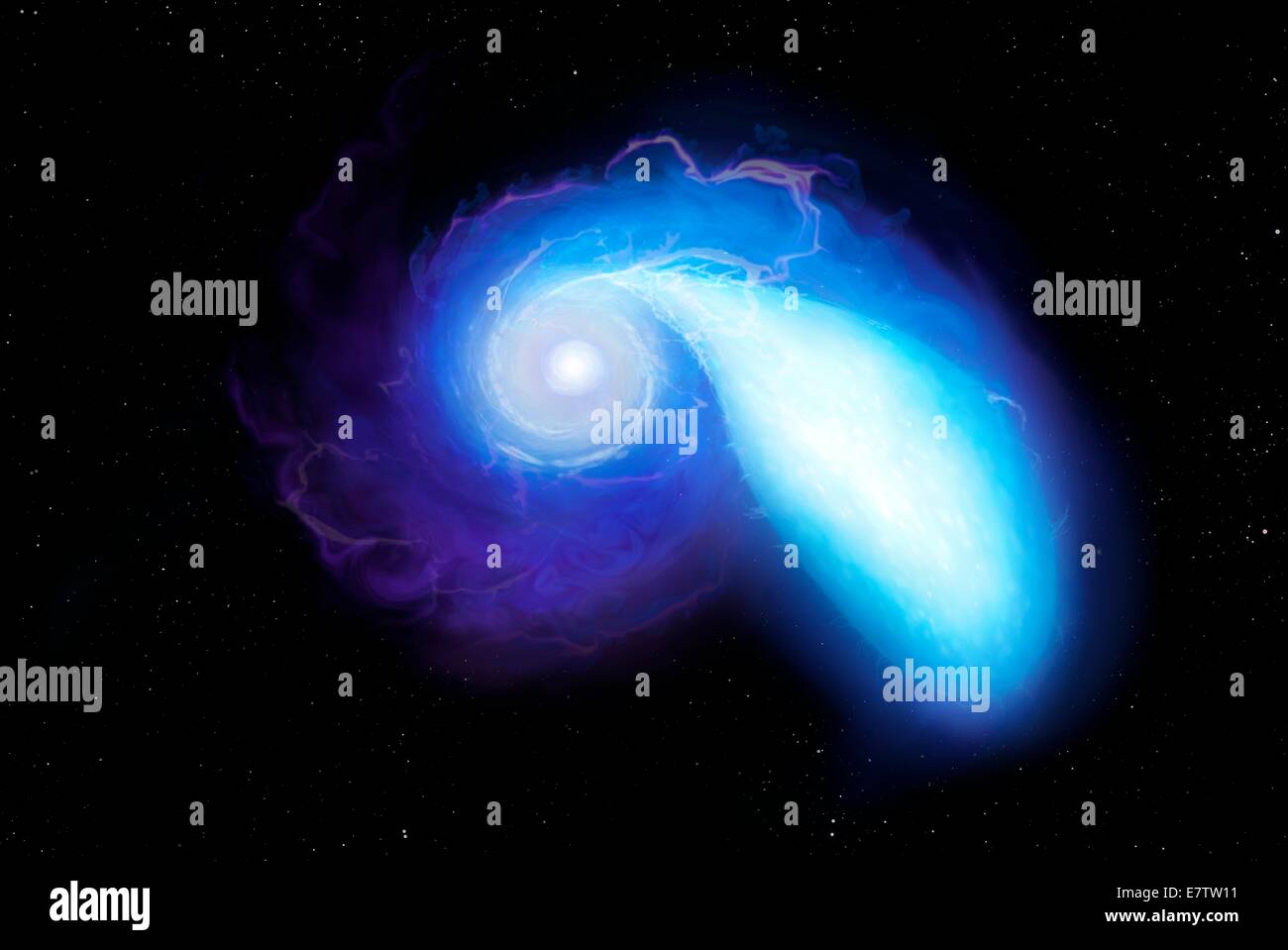 Ilustración de un par de estrellas a punto de fusión. Los objetos en cuestión son cadáveres estelares. A la izquierda se ve una estrella de neutrones, la compacta de restos de una estrella que explotó en una supernova. Es mera kilómetros a través. A la derecha está una enana blanca, un differe Foto de stock