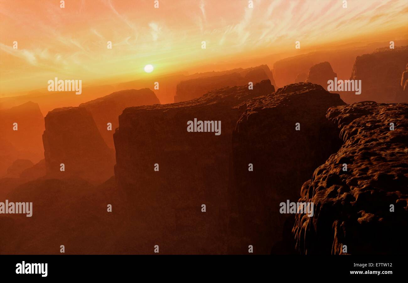 Valles Marineris, en Marte. Ilustración del cañón Valles Marineris system como el sol se pone. Se encuentra en Marte, el cuarto planeta de nuestro Sistema Solar. El Valles Marineris es más de 4000 kilómetros (km) de largo, hasta 200 km de ancho y hasta 7 km de profundidad, eclipsando el Gran Foto de stock