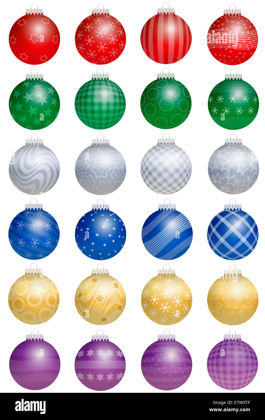 Veinticuatro brillante colorido árbol de navidad bolas - una especie de calendario de adviento - con diferentes adornos. Foto de stock