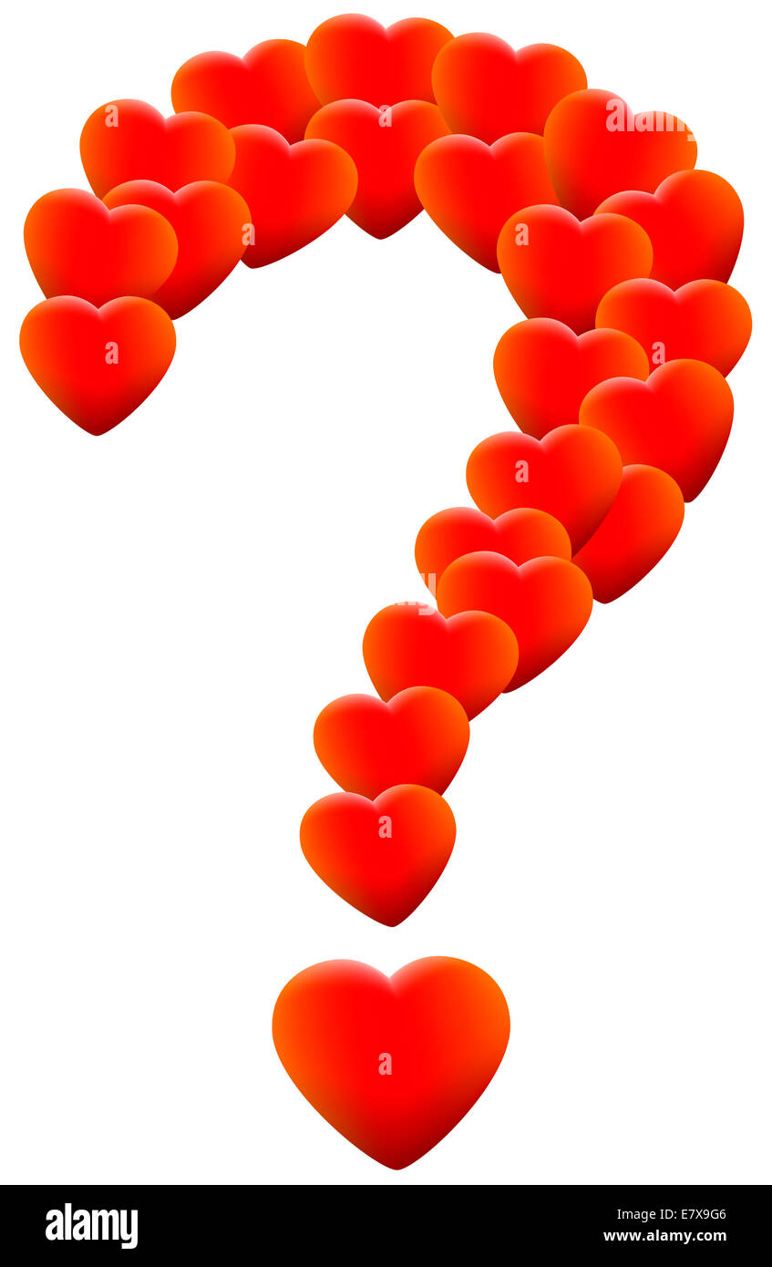 Rojo brillante corazones que forman un signo de interrogación, como un símbolo de la impotencia relativa a temas de amor. Foto de stock