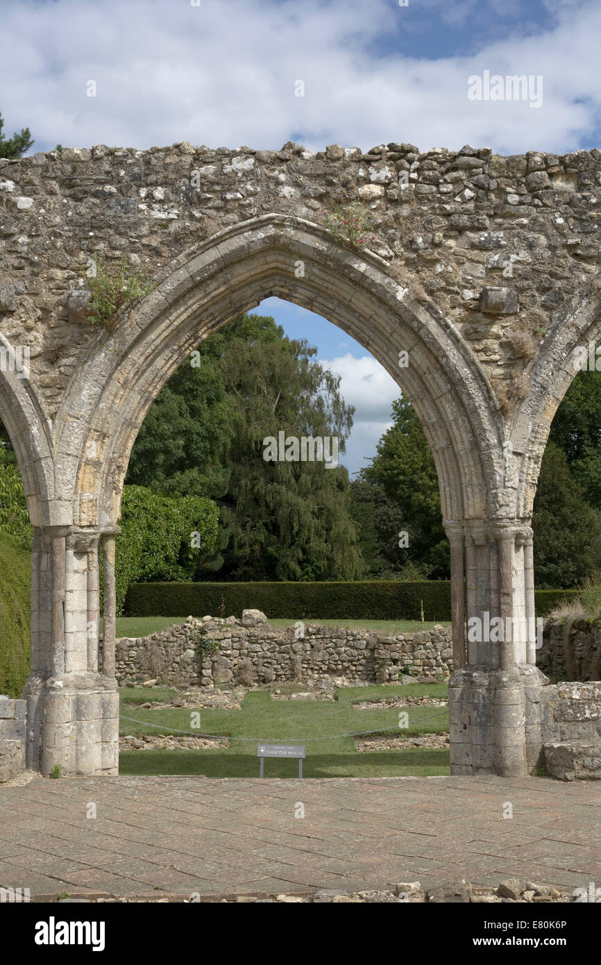 Arcada de piedra en la Chapter House en Beaulieu Abbey, un monasterio cisterciense en ruinas Foto de stock