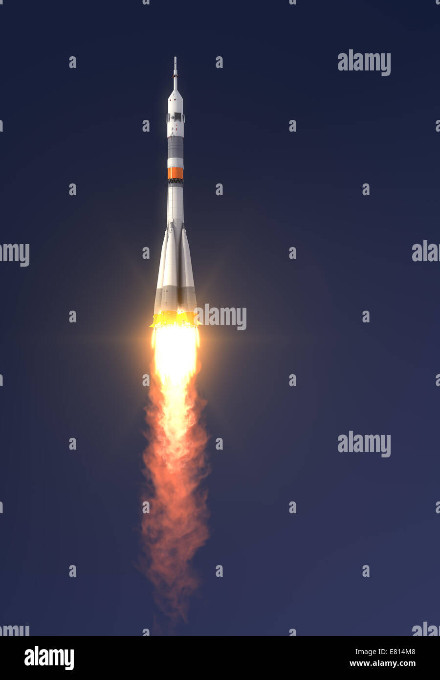 Cohete 'Soyuz-FG' el lanzamiento. Escena 3D. Foto de stock