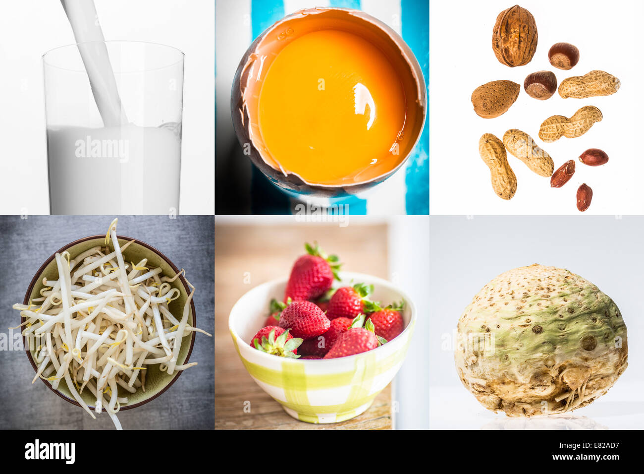 Diferentes productos alimenticios alergénicos. Foto de stock