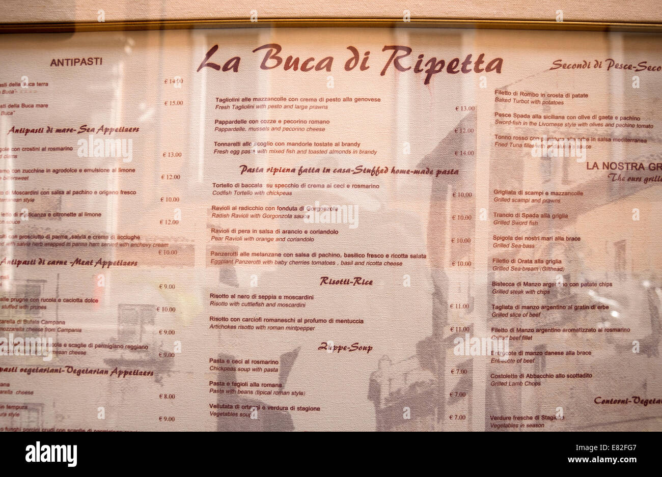 Menú para La Buca di Ripetta en Via Ripetta en Roma Fotografía de stock Alamy