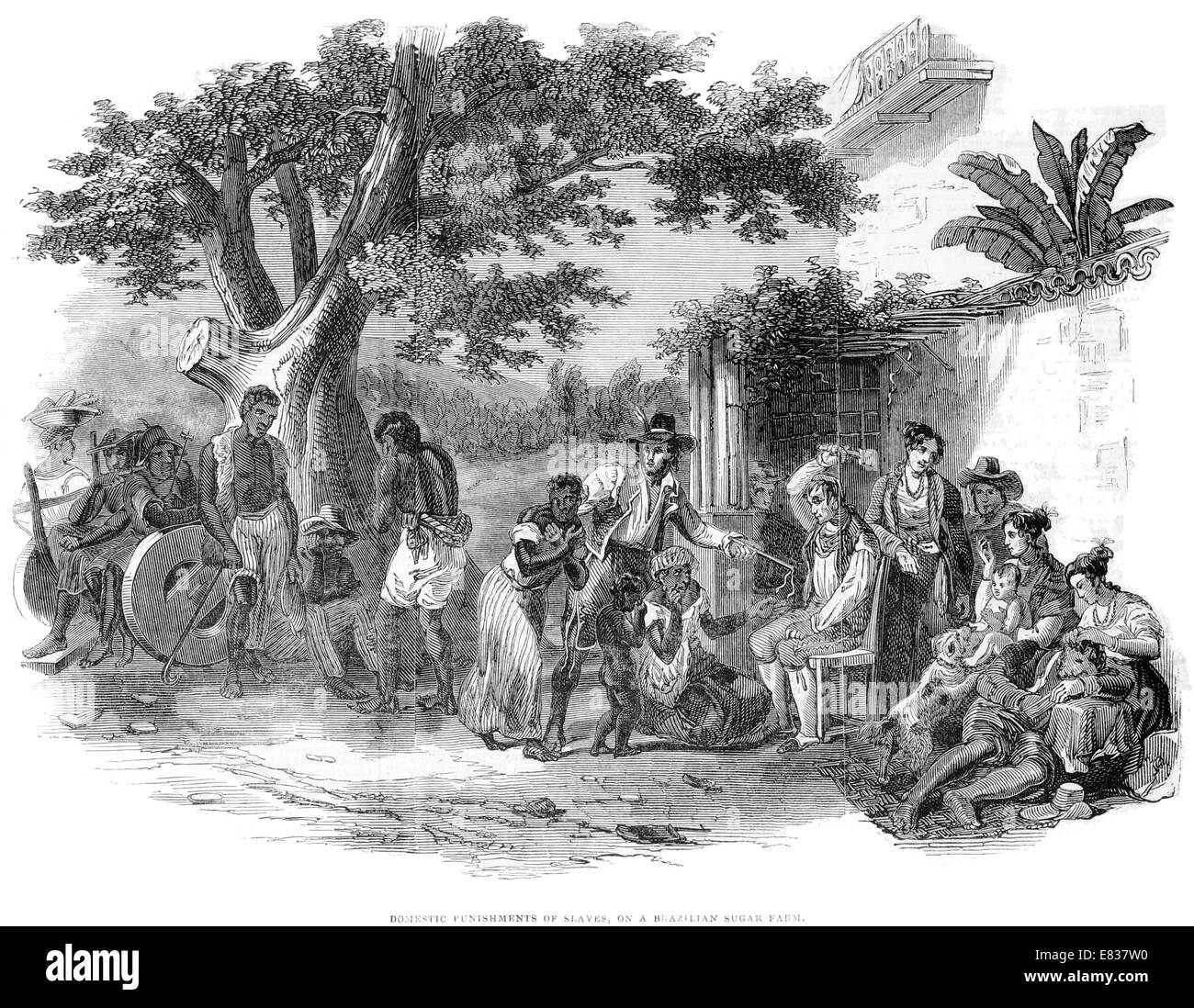 Castigo doméstico de los esclavos de las plantaciones de caña de azúcar de Brasil, 1844 Foto de stock