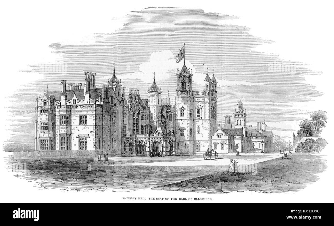 Worsley Hall el asiento del Conde de Ellesmere circa 1853 Foto de stock
