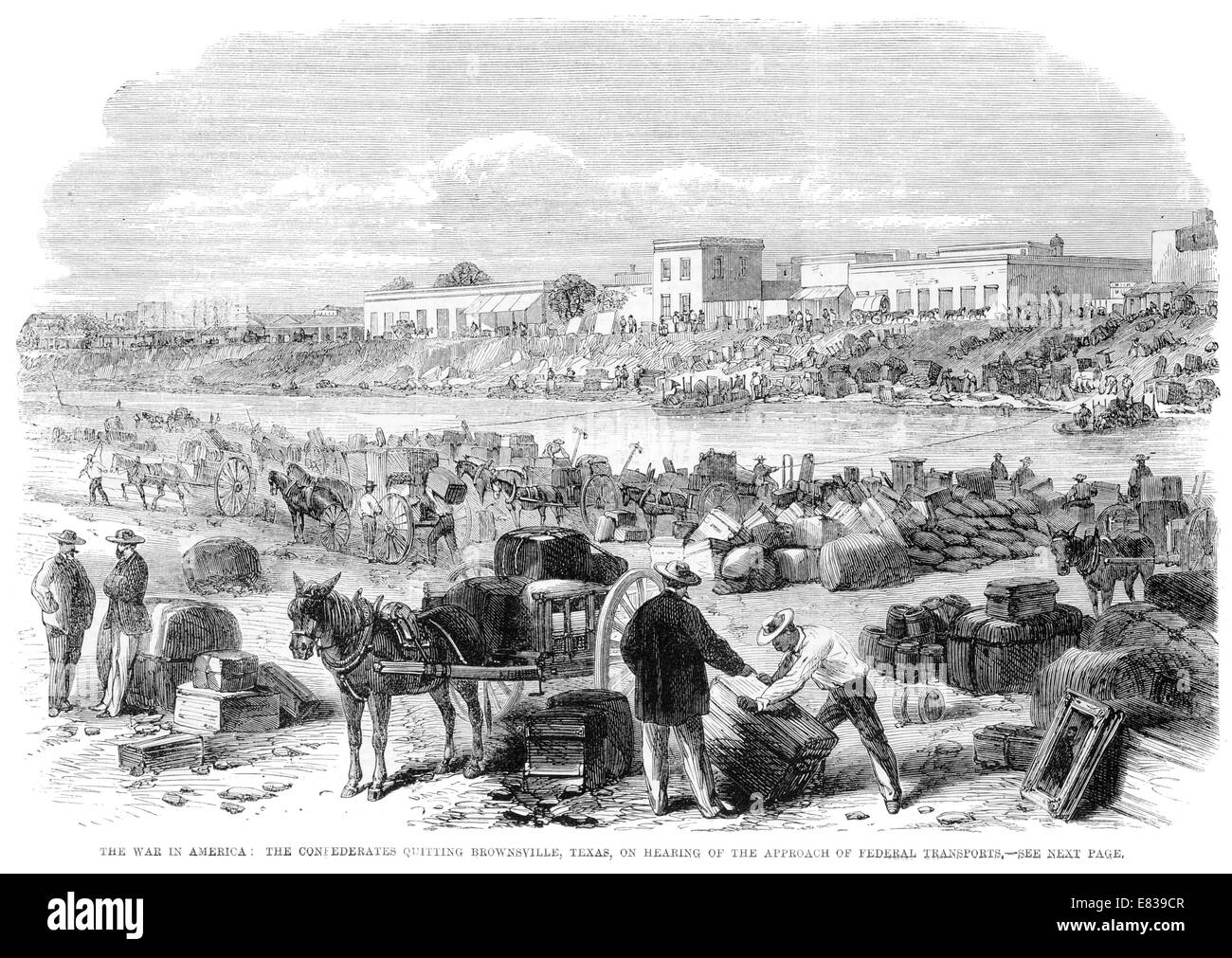 La Guerra Civil Americana. Confederados salir de Brownsville Texas en el enfoque de transportes Federal 1864 Foto de stock