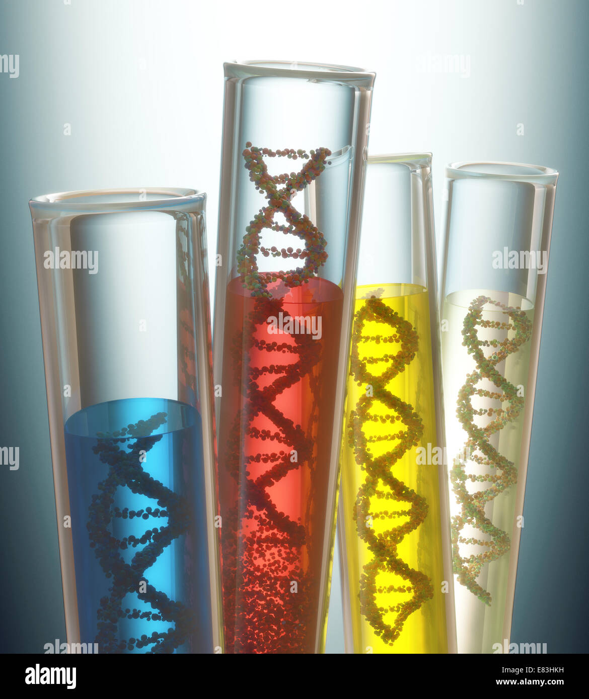 Tubo de ensayo con el ADN en el interior. Concepto de manipulación del código genético. Trazado de recorte incluido. Foto de stock