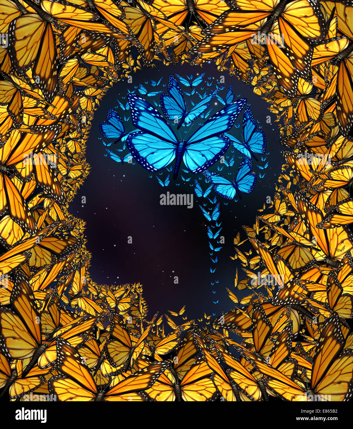 Concepto de inspiración y pensamiento metáfora potencial como un grupo de mariposas en la forma de un rostro humano y el cerebro como un símbolo para el aprendizaje y el poder de la educación y la innovación. Foto de stock