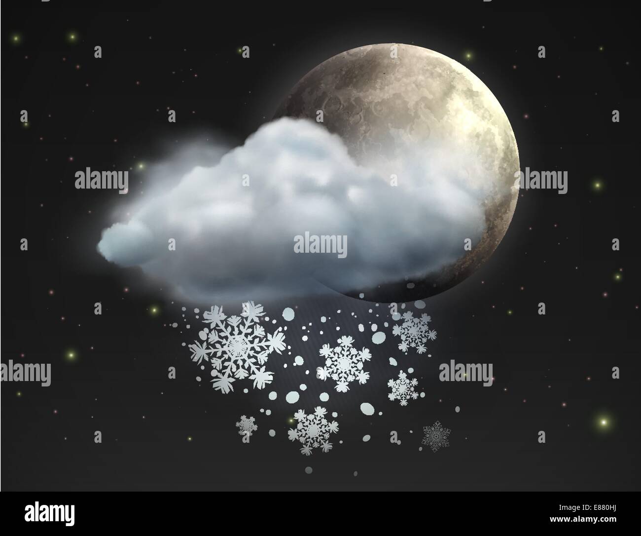 Ilustración vectorial de enfriar el clima único icono - Luna con nieve y nubes en el cielo de la noche Ilustración del Vector