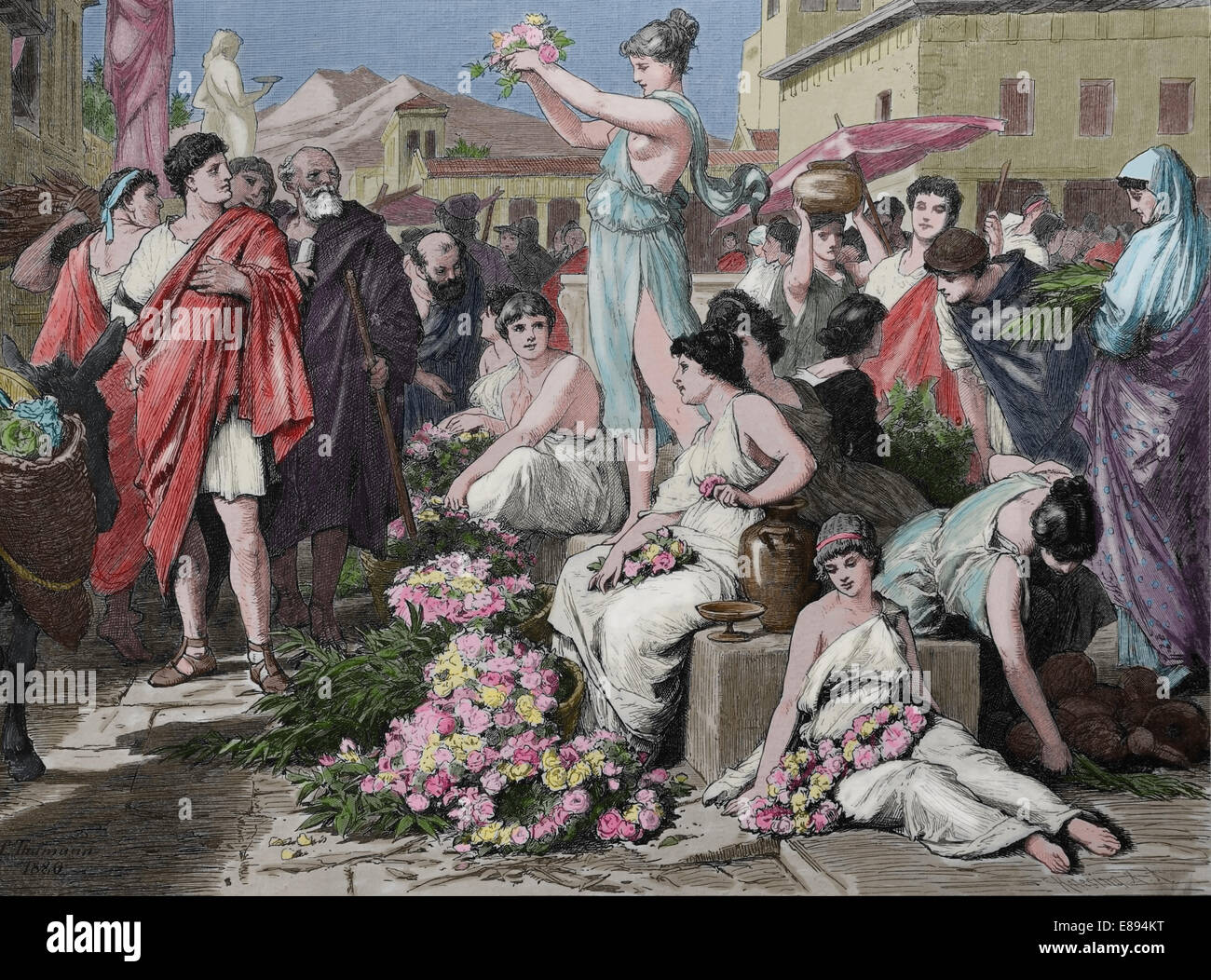 La antigua Grecia. Atenas. Mercado de flores. 700-150 A.C. Grabado por Knesing. Posteriormente coloración. Foto de stock