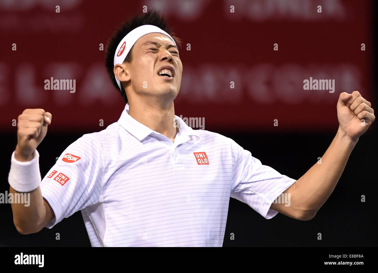 Tokio, Japón. 4 Oct, 2014. Kei Nishikori del Japón reacciona durante la semifinal en el Rakuten Japan Open tenis Campeonato 2014 contra Benjamin Becker de Alemania en Tokio, Japón, el 4 de octubre de 2014. Crédito: Stringer/Xinhua/Alamy Live News Foto de stock
