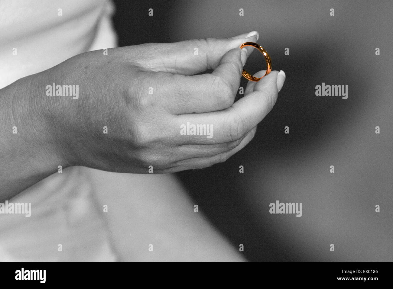 Novia mantiene el anillo de bodas del novio durante la boda Foto de stock