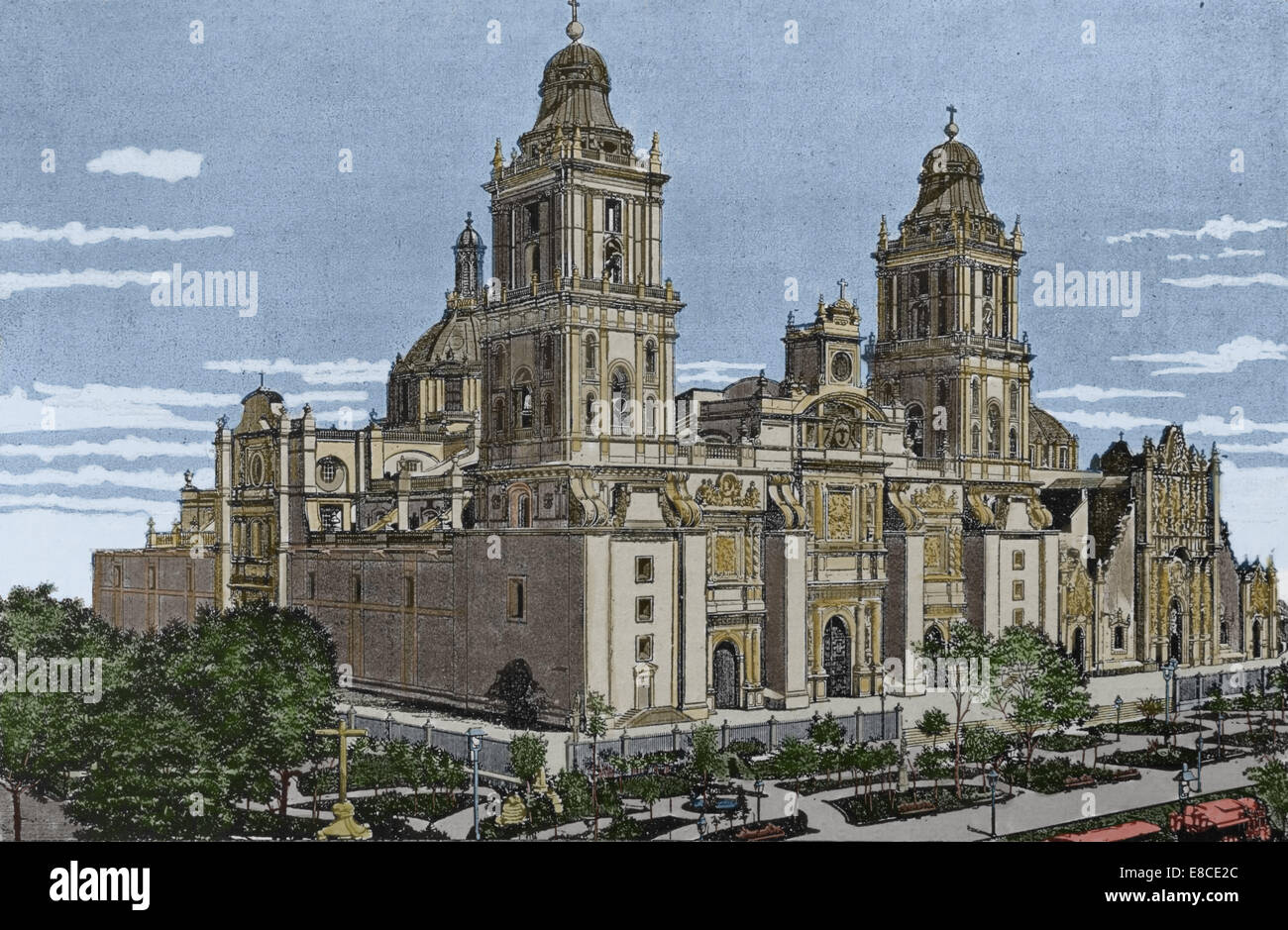 México. Ciudad de México. Catedral Asunción de María. La iglesia católica. Grabado. Color Foto de stock