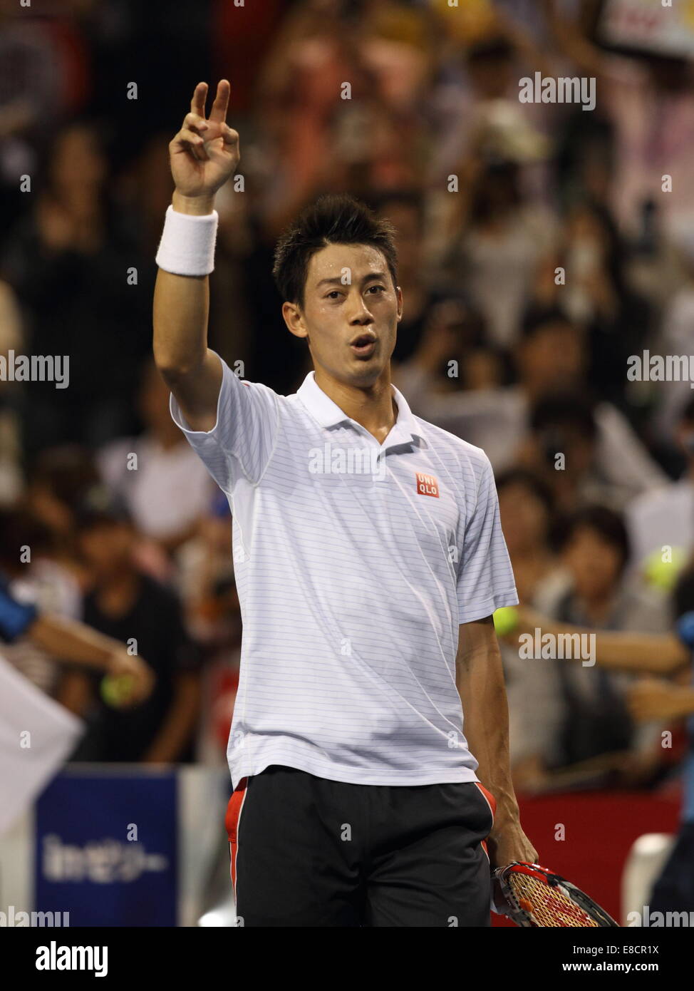 El 4 de octubre de 2014. 4 Oct, 2014. Kei Nishikori (JPN), 4 de octubre de 2014 - Tenis : Kei Nishikori del Japón reacciona después de ganar más de Benjamin Becker de Alemania en el Rakuten Japan Open tenis Campeonato de 2014 en Tokio, el 4 de octubre de 2014. © Motoo Naka/AFLO/Alamy Live News Foto de stock