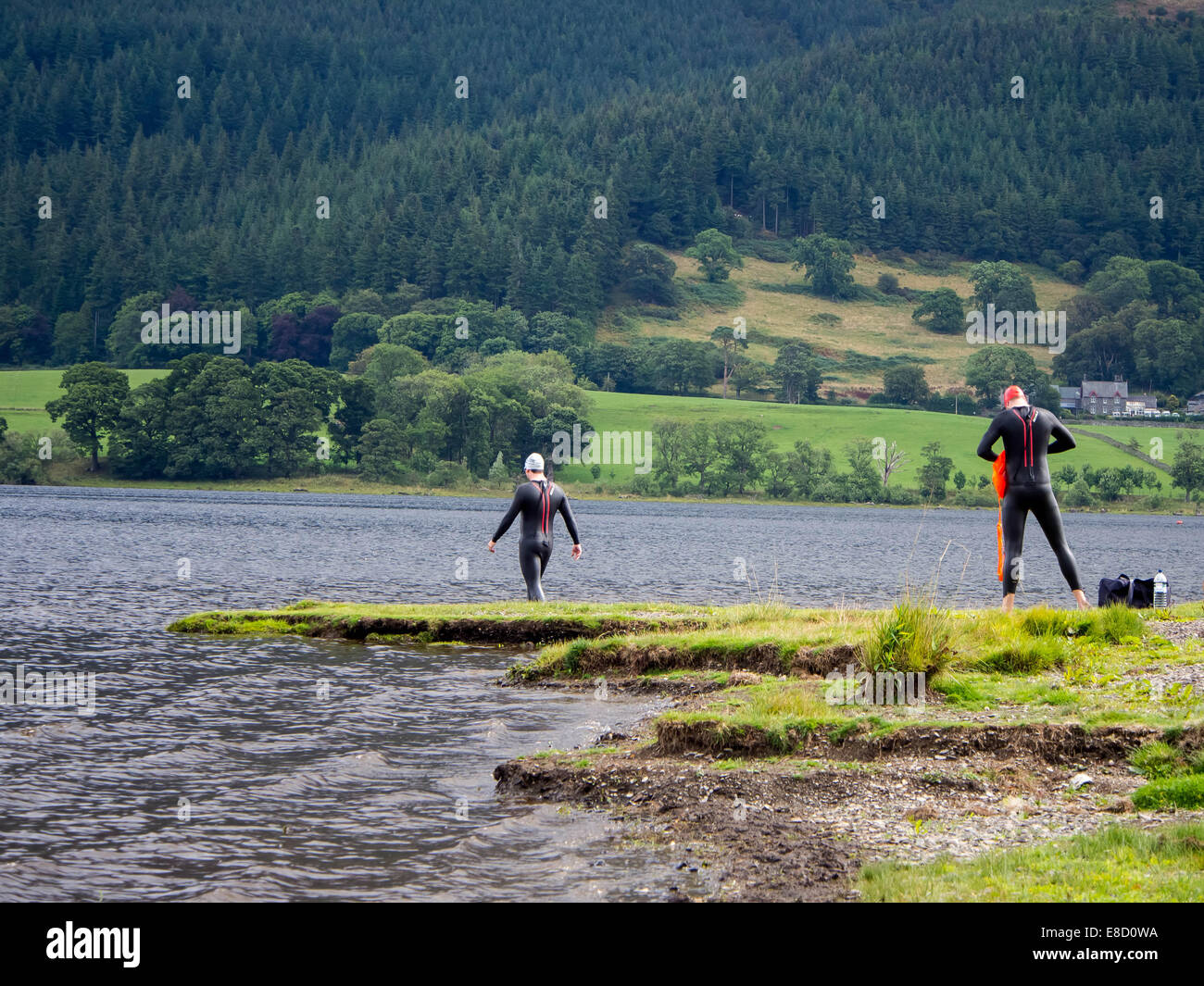 Los nadadores de aguas abiertas de prepararse para ingresar a las aguas de Bassenthwaite Lake en el Lake District, Cumbria, Inglaterra Foto de stock