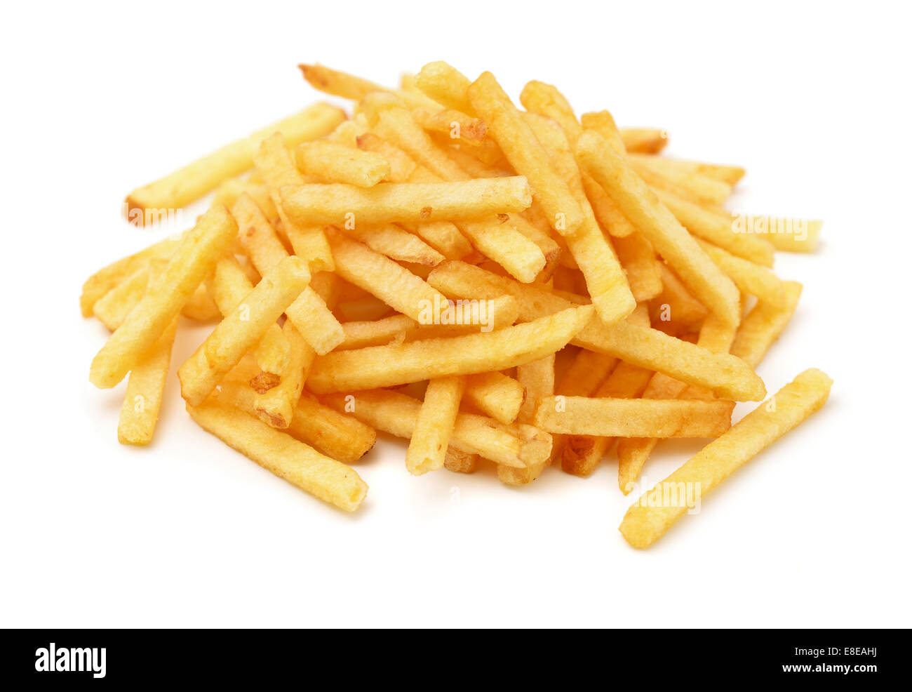 Montón de chips de patata frita palos aislado en blanco Foto de stock