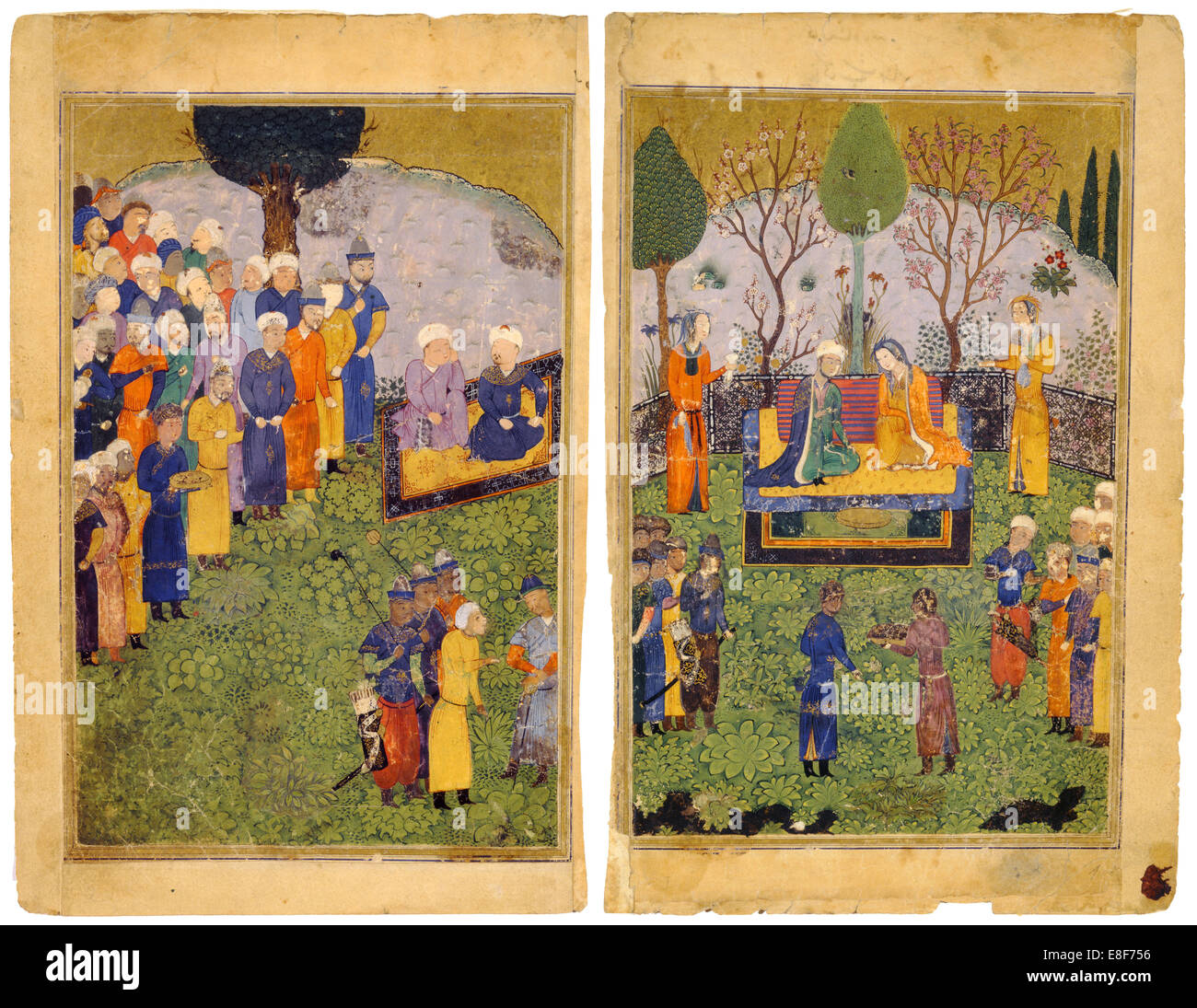 Una pareja principesca con cortesanos en un jardín. Desde el Shahnama (Libro de los Reyes). Artista: maestro iraní Foto de stock