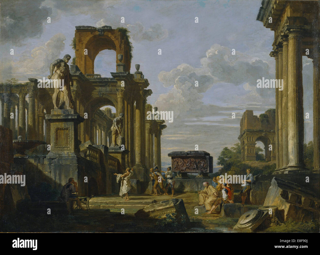 Capriccio arquitectónicos del Foro Romano con filósofos y soldados entre ruinas antiguas. Artista: Panini, Giovanni Paolo (1691-1765) Foto de stock