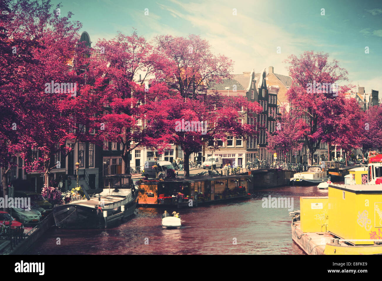 Holanda, Amsterdam, Casas Flotantes en canal Foto de stock