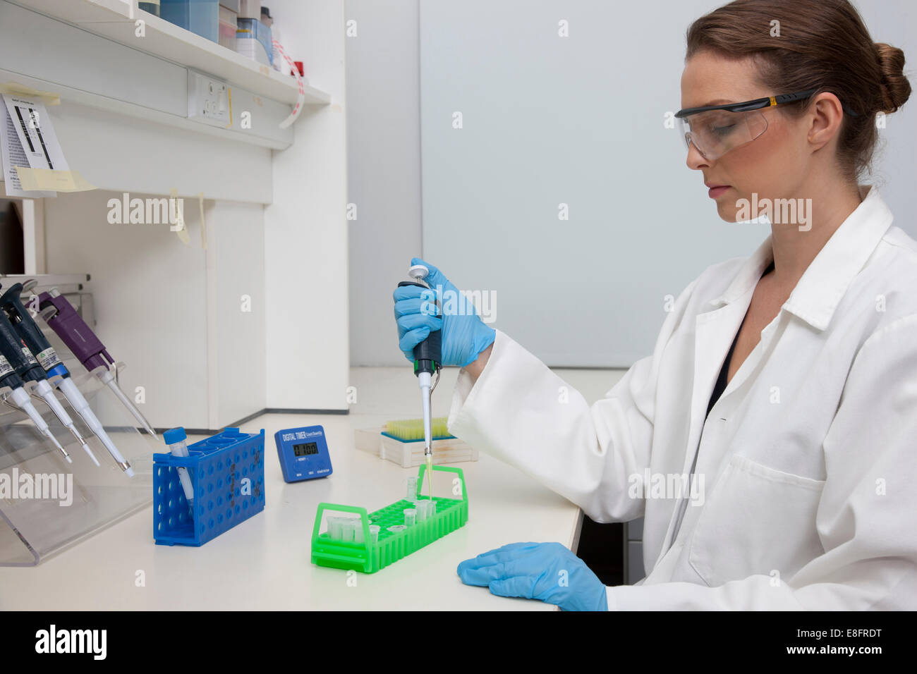Técnico de laboratorio de muestras en el laboratorio de investigación de pipeteado Foto de stock