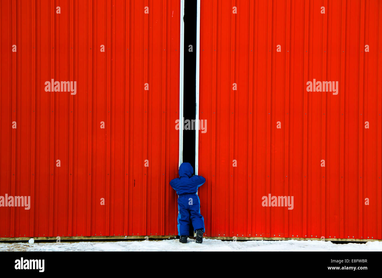Chico mirando a través de la brecha en una puerta de un granero, EE.UU. Foto de stock
