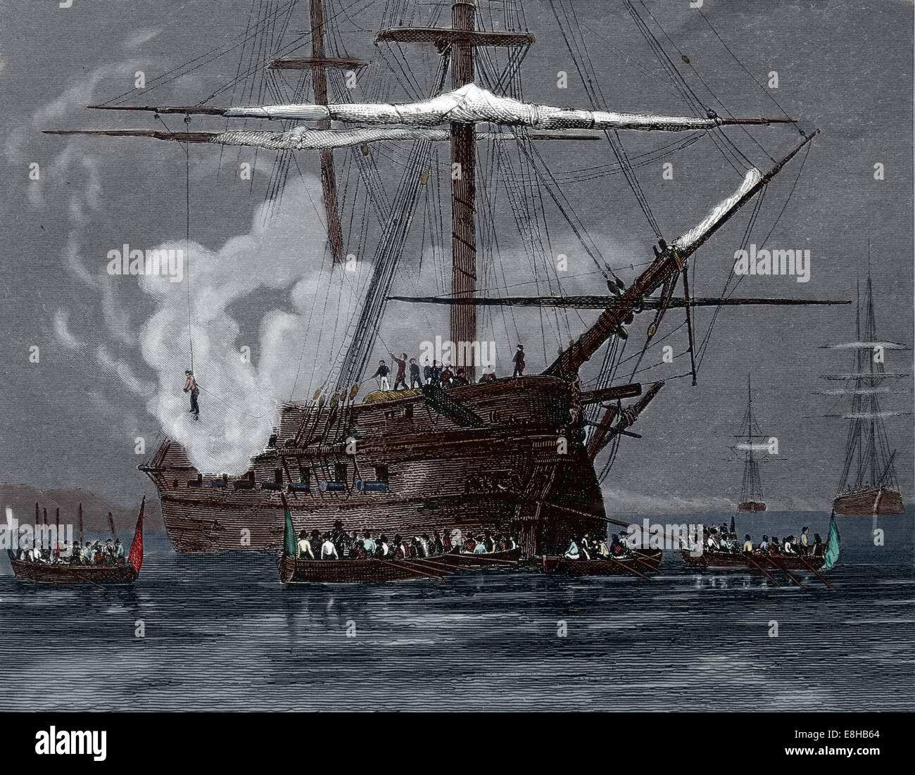 Keelhauling. El castigo infligido a los marineros en el mar. Siglo xix. Color. Foto de stock