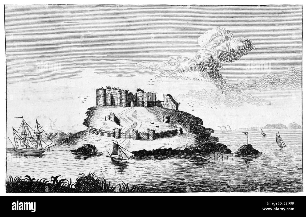Una vista del Castillo de San Samson en la Bailía de Guernsey, Islas del Canal circa 1760 Foto de stock