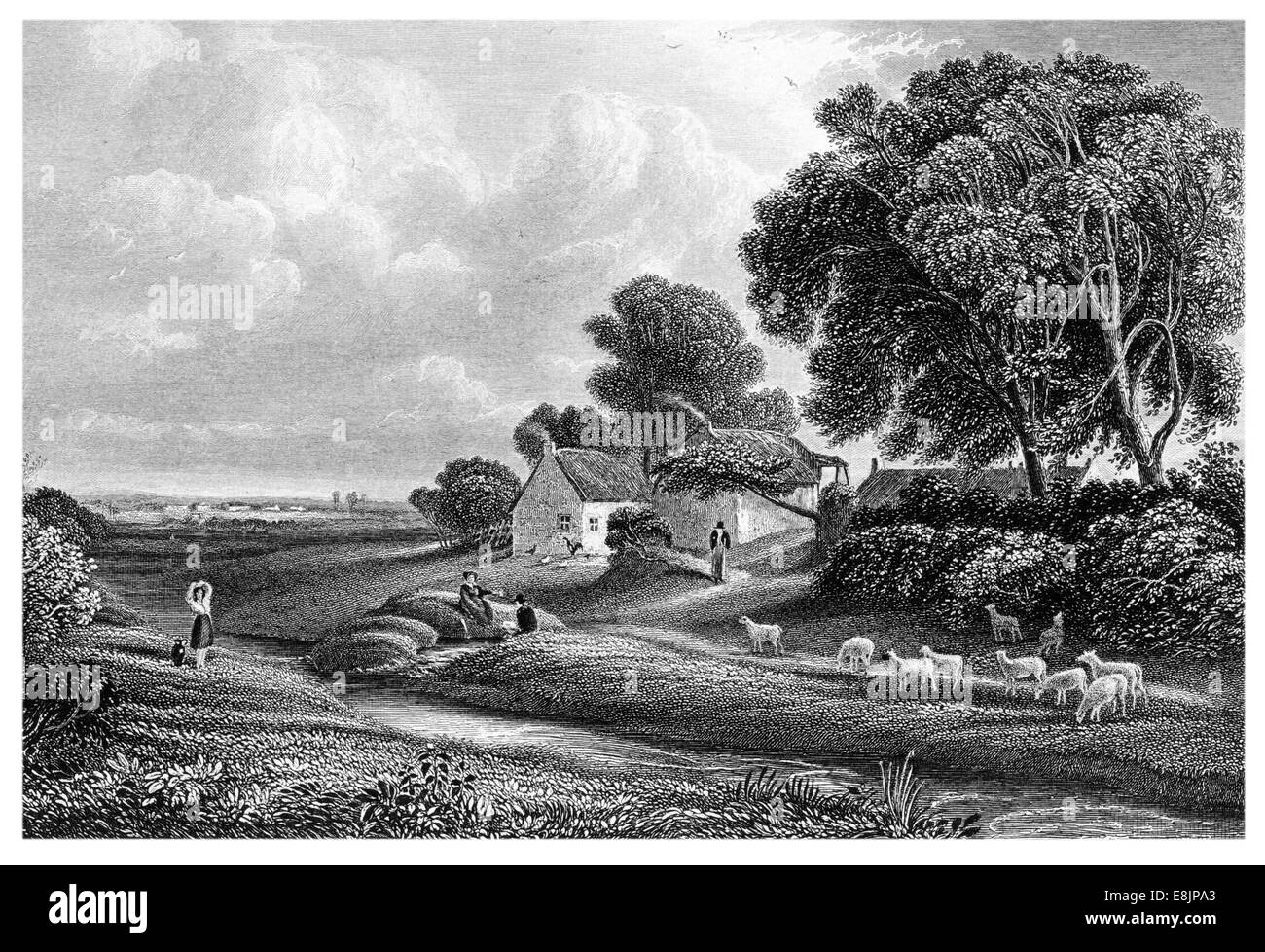 Frente un caserío cerca del estuario Solway asociado con Robert Burns última enfermedad Dumfrieshire Escocia, circa 1840 Foto de stock