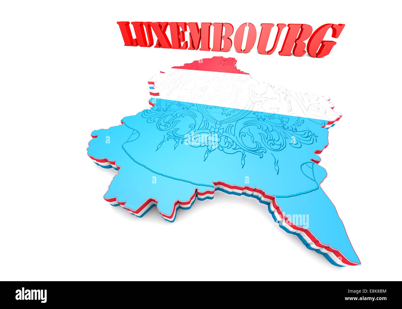 Mapa 3D ilustración de Luxemburgo con bandera y escudo Foto de stock