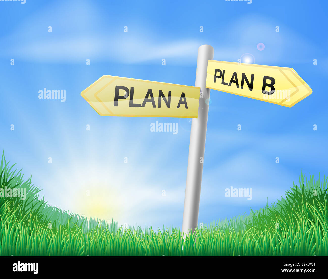 Planificar un plan B firmar en un soleado campo de verde exuberante césped Foto de stock
