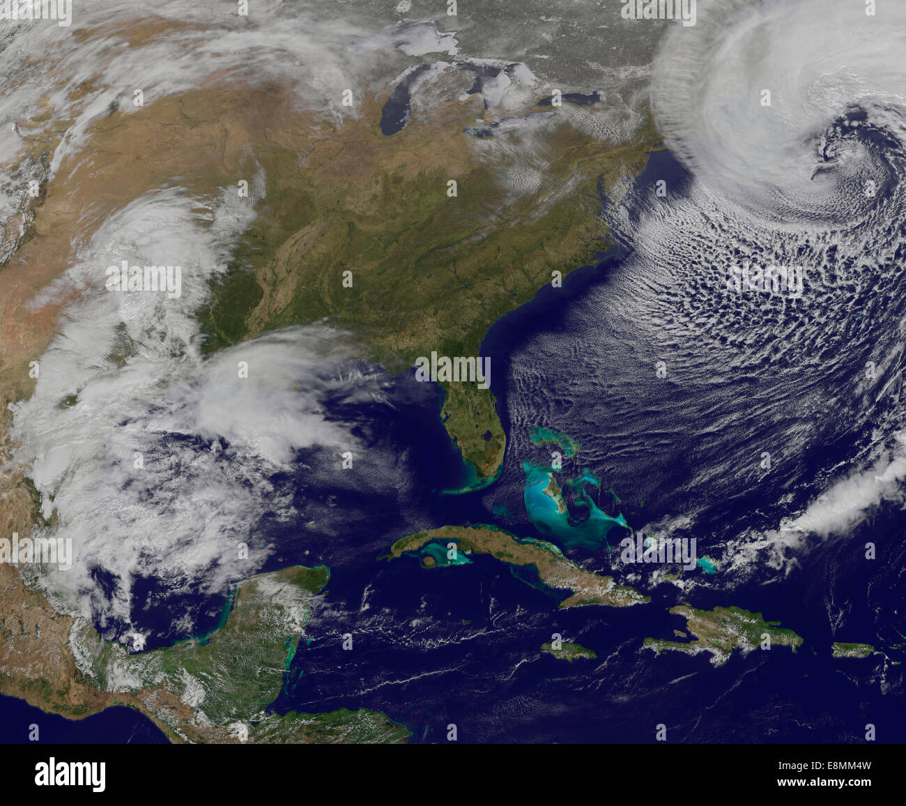 Marzo 26, 2014 - Vista satélite de una fuerte tormenta costera en la costa de Nueva Inglaterra, Estados Unidos. Foto de stock