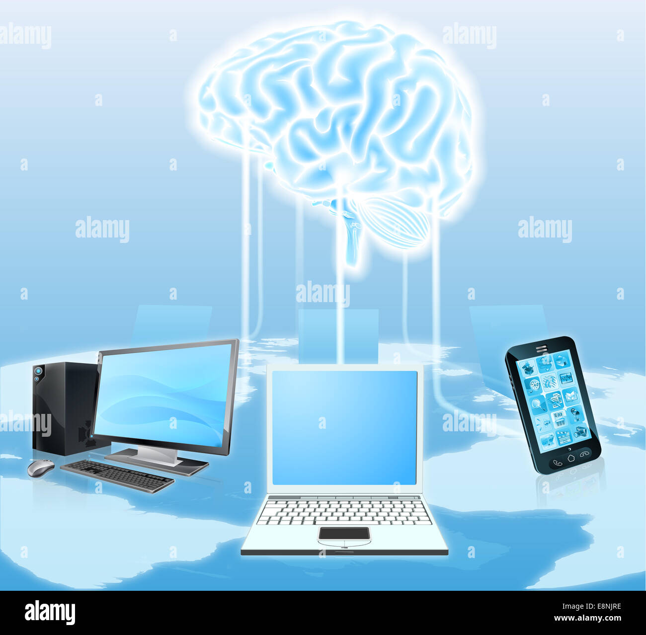 Una ilustración conceptual de dispositivos multimedia como teléfonos móviles y ordenadores portátiles conectados a un cerebro central. Podría ser un timo Foto de stock