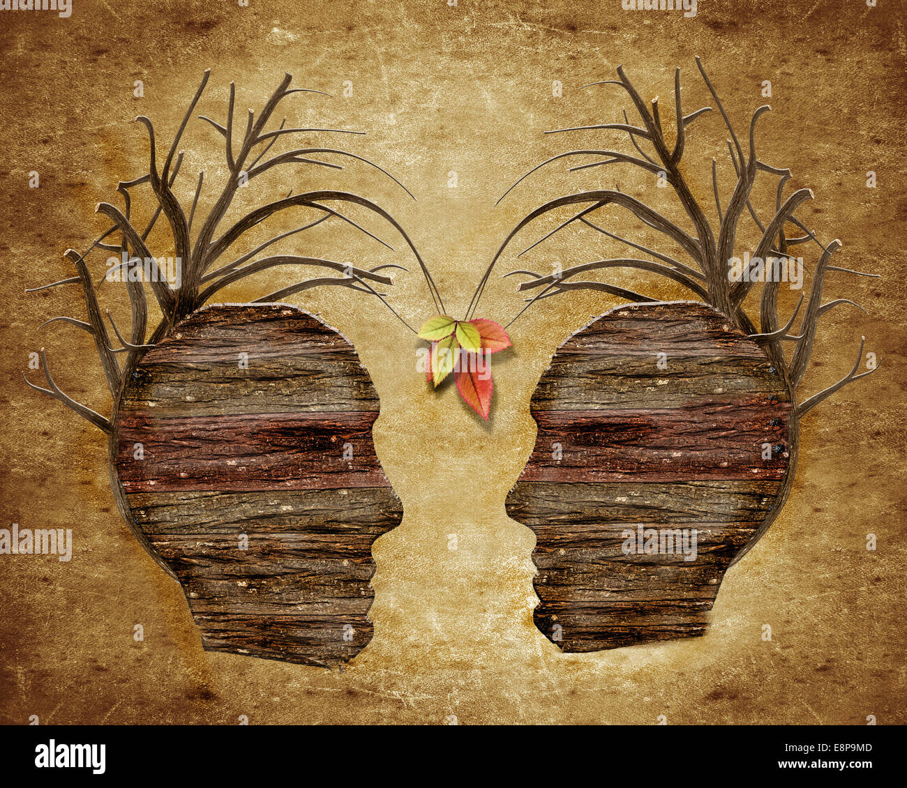 Dos cabeza humana de madera y hojas Foto de stock