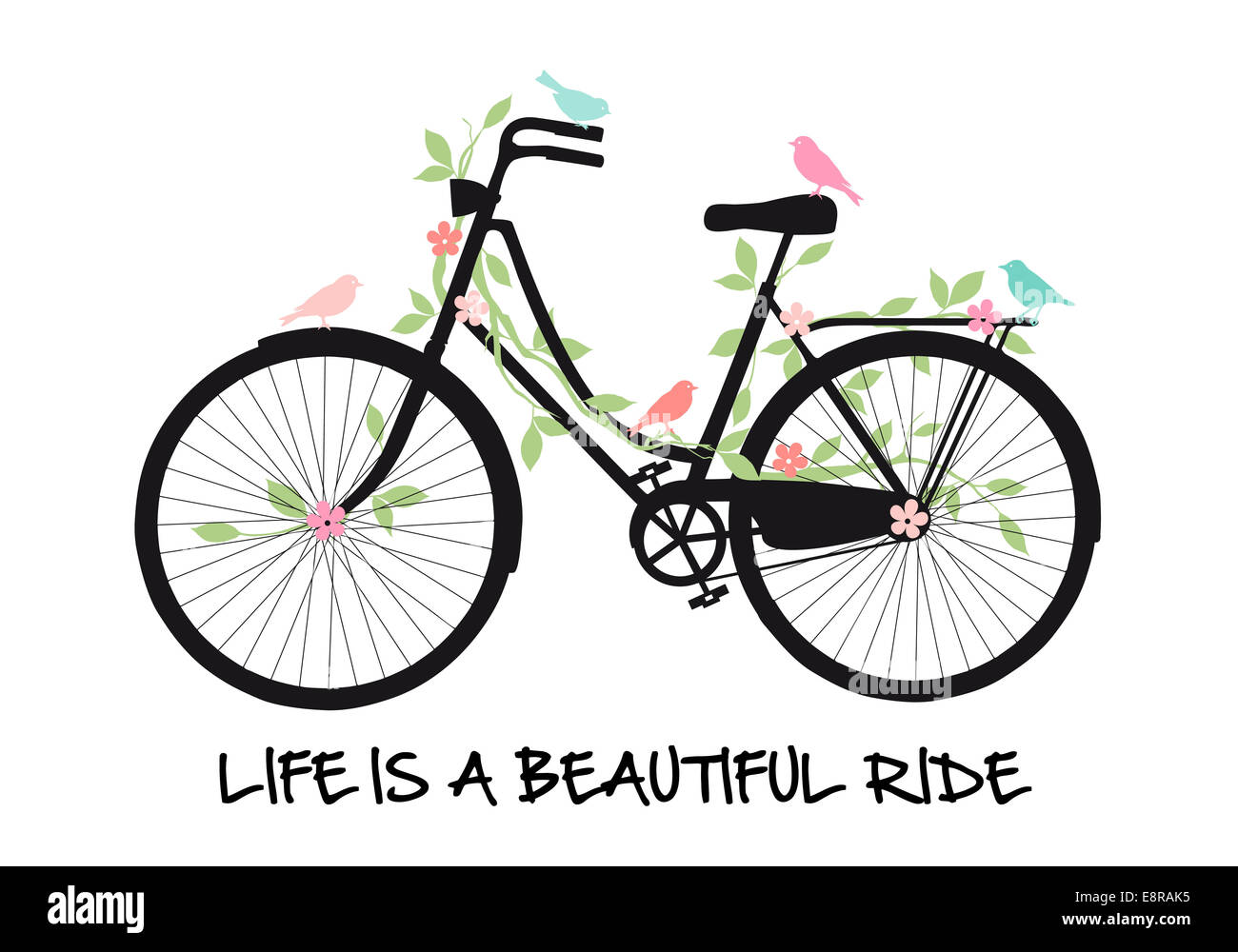 Vintage bicicleta con pájaros y flores, la vida es un hermoso paseo, ilustración vectorial Foto de stock