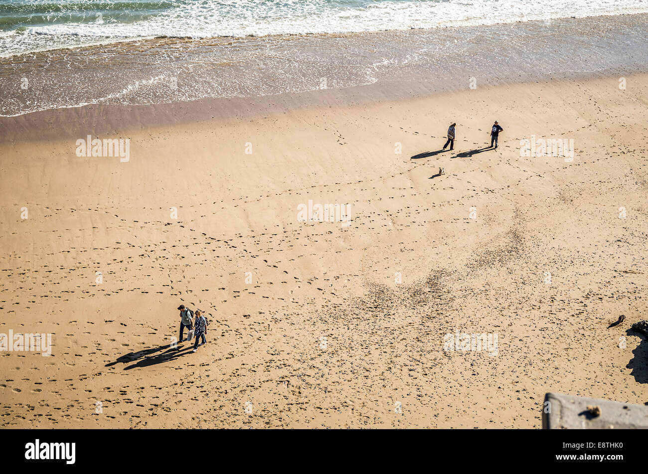 Dos parejas y un perro caminando por la playa norte en) Tenby UK Foto de stock